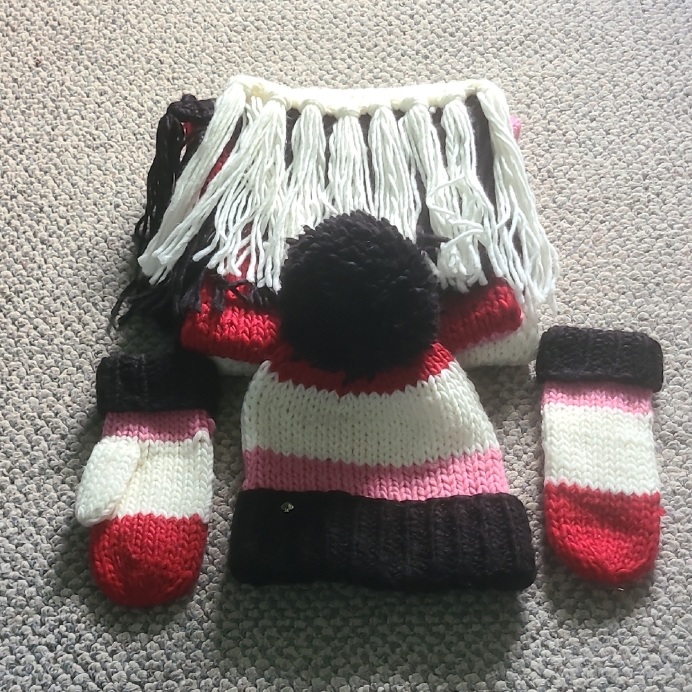 kate spade Knit Hat, Scarf, and Mittens Set - Red, Pink, Black, White